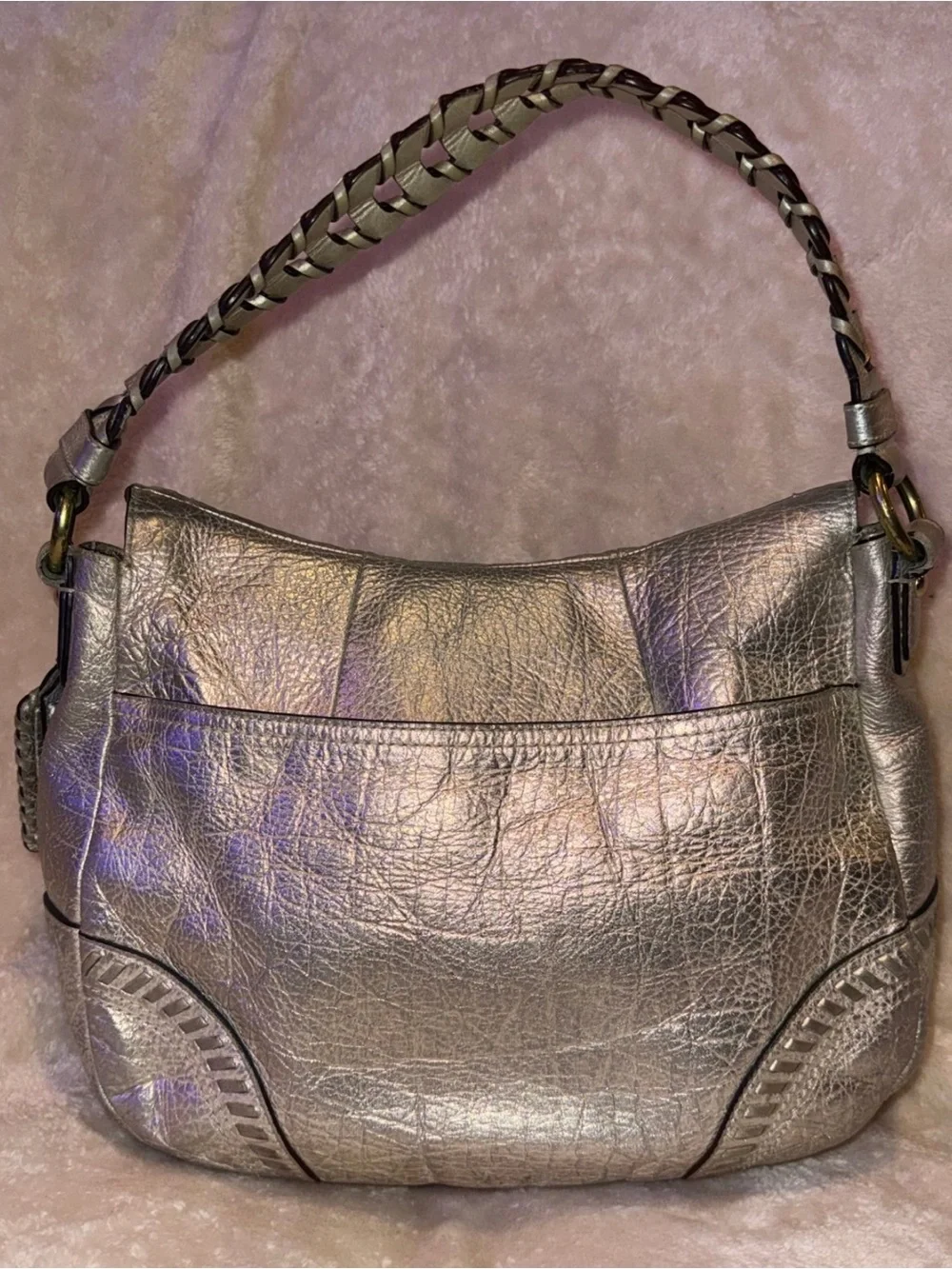 Rare Y2K Coach Metallic Whipstitch Leather Shoulder Bag Platinum Vintage READ - Picture 2 of 11